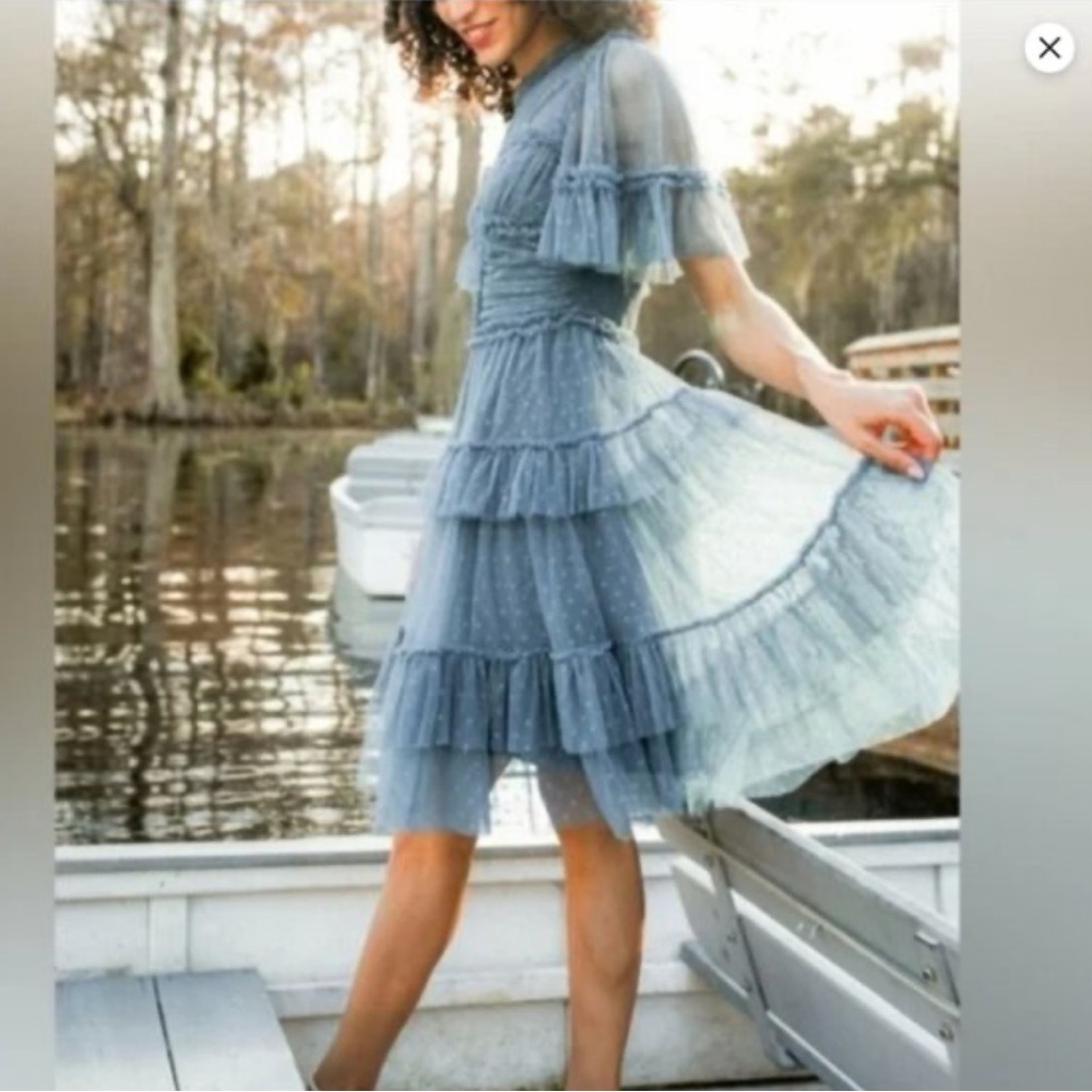 Ivy City Co Blue tulle Ruffled Midi Dress